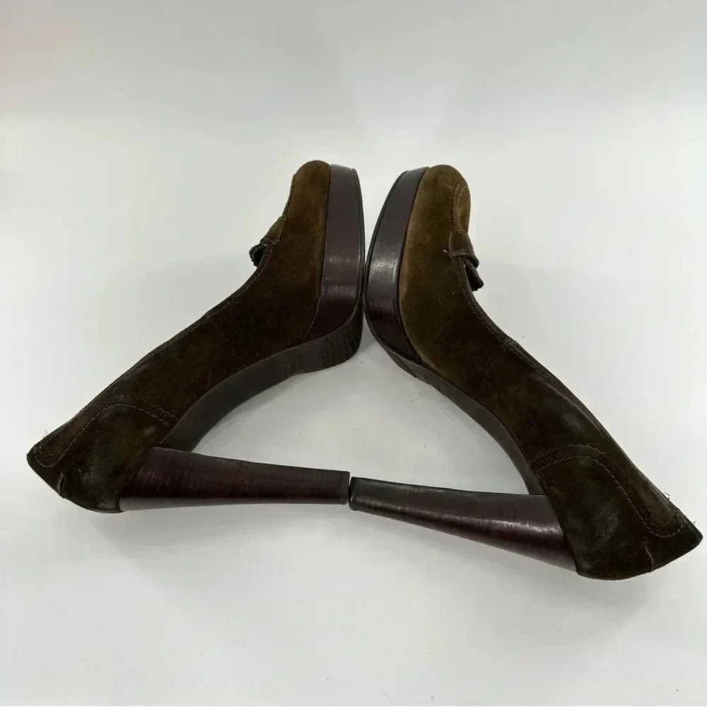 Stuart Weitzman heels size 11 olive green suede penny loafers chunky platforms